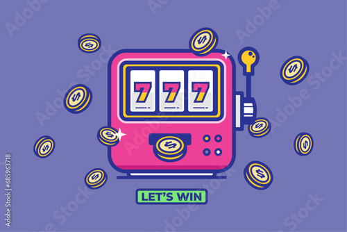 Slot machine with lucky sevens jackpot vector illustration. Win jackpot money