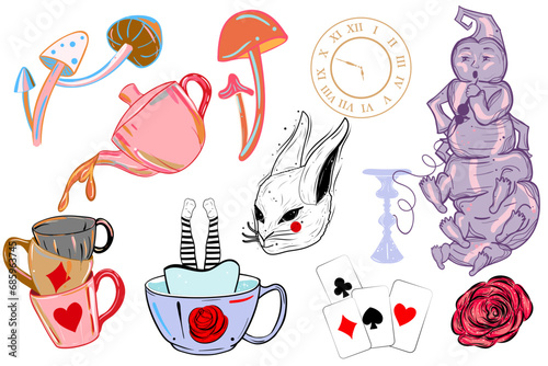Alice in wonderland set of cliparts. Hand drawn art work with white rabbit, playing cards, caterpillar etc. Vector fairy tale illustrations isolated on white background