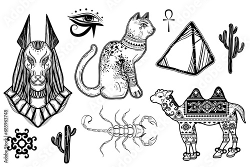 Set of Egyptian cliparts: camel, anubis, bastet, pyramid etc.. Can be used for t shirt prints, coloring book pages, phone cases and other.