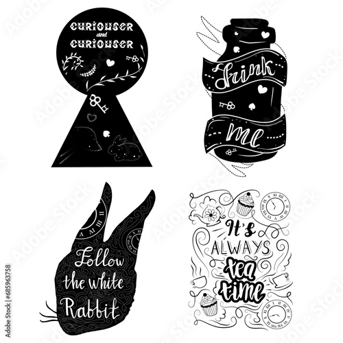 Set of alice in wonderland prints. Hand drawn lettering phrases. photo