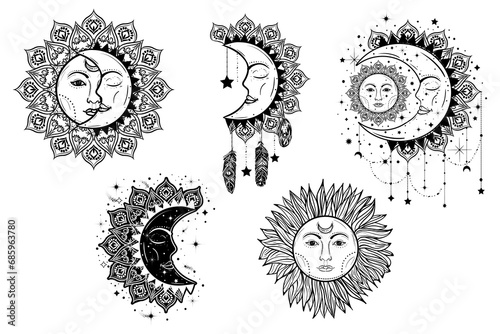 Set of sun and moon stickers. Alchemy mystical magic elements for prints, posters, illustrations and patterns. Witchcraft tattoo elements.