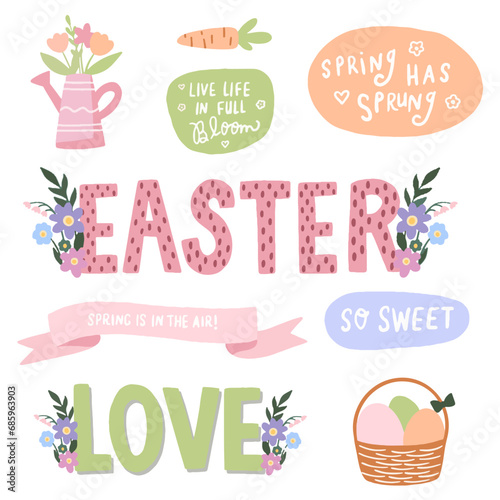 Happy Easter  set of vector design elements. Easter cute bunny with colored eggs. Adorable Easter bunny with traditional holiday decor and calligraphy lettering. Set of Easter signs.