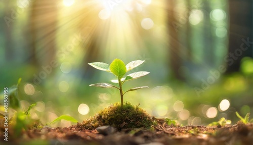 small plant growing out of its from a sunshine forest with the sun shining background; ecology concept and sustainable environment safe ecosystems photo