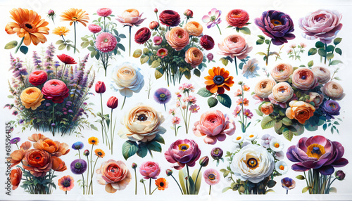 Watercolor paintings of various types of cold climate flowers, each depicted separately on a white paper background.
