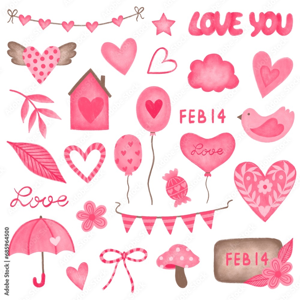 Set of elements for Valentine's Day. Set of icons for the holiday. Set of vector objects for Valentine's Day