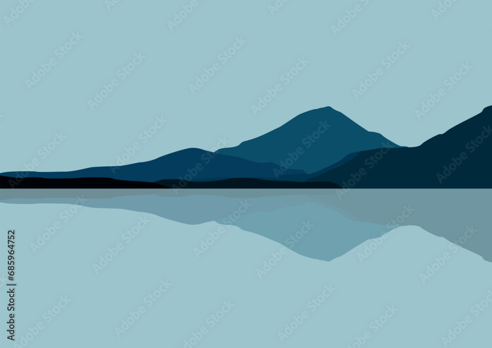 Landscape mountains and lake panorama, vector illustration.