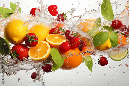 Fruit and vegetables splash with water  splashing fruite for poster advertising billboard  Many fruits and vetgetable falling in to water
