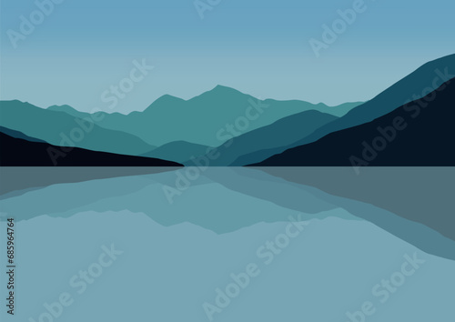 Landscape mountains and lake panorama, vector illustration.