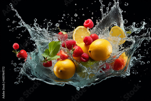 Fruit and vegetables splash with water, splashing fruite for poster advertising billboard, Many fruits and vetgetable falling in to water photo