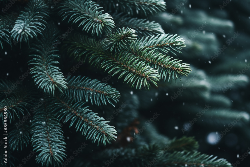 Fir tree branches and light snowfall on blurred defocused winter Christmas holiday background, Close up