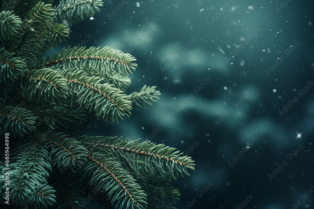 Fir tree branches with light snowfall, blurred defocused winter Christmas holiday background, Close up, copy space