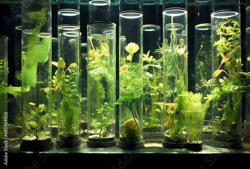 The growth of plants and corn by photosynthesizing from morning light power in beakers at a plant production glass laboratory. Generative AI. photo