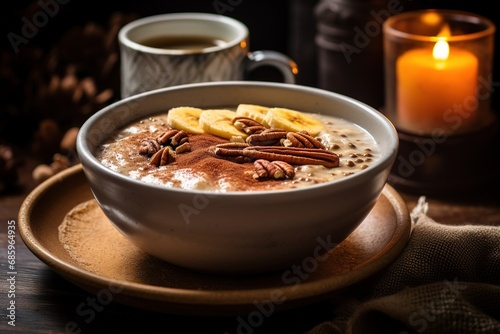 Healthy oatmeal breakfast with bananas and cinnamon in a deep plate on a wooden table