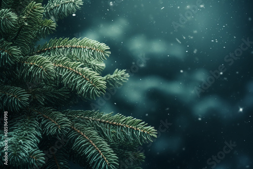 Fir tree branches with light snowfall  blurred defocused winter Christmas holiday background  Close up  copy space