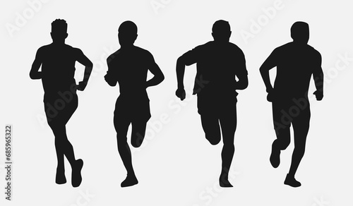 Set of silhouettes of men running  jogging. Isolated on white background. Graphic vector illustration.