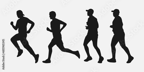 Set of silhouettes of men running, jogging. Side view. Isolated on white background. Graphic vector illustration.