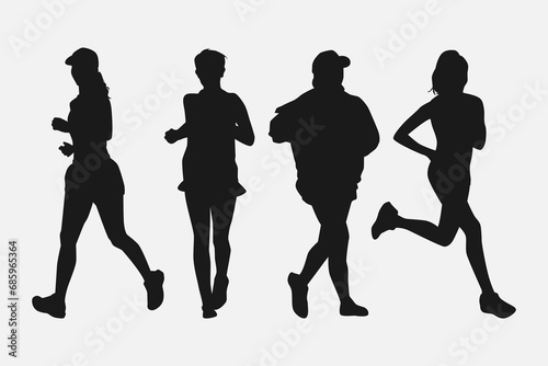 Woman running silhouette. Set of female runners. Sprint, jog. Isolated on white background. Graphic vector illustration.