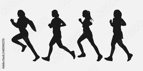 Woman running silhouette. Set of female runners. Sprint, jog. Side view. Isolated on white background. Graphic vector illustration.