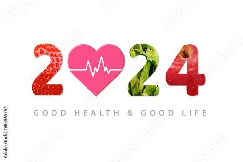 2024 Happy New Year for healthcare. Fruit and vegetables which make 2024 number isolated on white background.