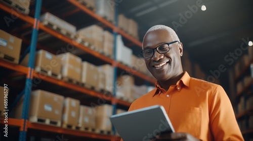 Portrait of an accountant in warehouse. African American businessman standing in his fabric warehouse and working with tablet PC. © Stavros