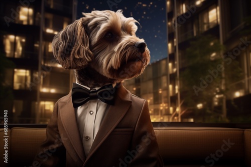 Elegant dog in a suit and bow tie on the background of the night city