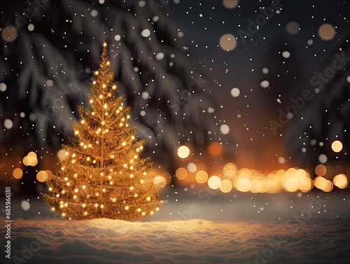 Gold Christmas tree, snowy night, gold bokeh, 