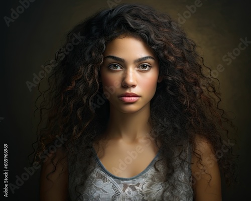 Young woman with voluminous curly hair, deep brown eyes, neutral expression, wearing a lace top, soft focus, dark background, portrait lighting, subtle makeup.