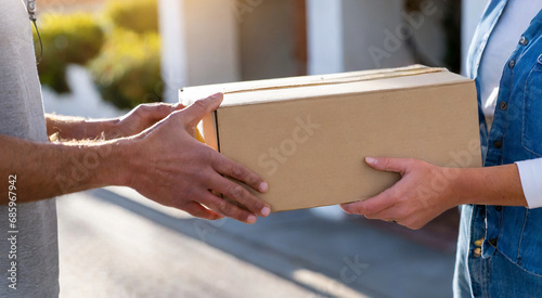 Courier delivering package to woman's doorstep