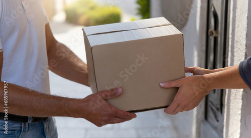 Woman receiving a box from delivery person © Head