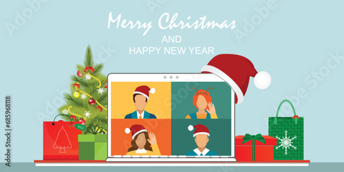 People meeting together online via video calling on laptop.