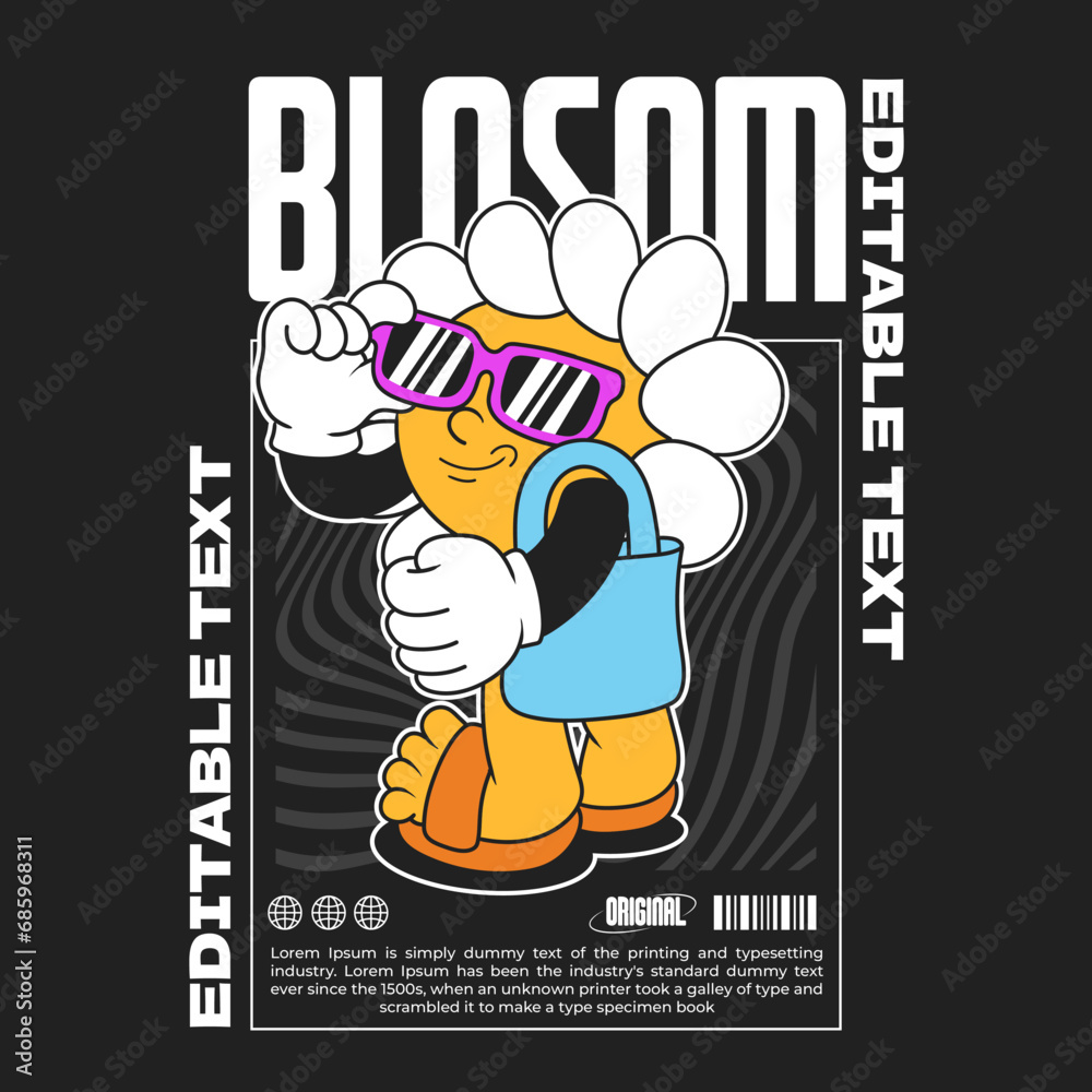 cool daisy flower groovy character 90s design illustration with slogan, retro cartoon character, flower cartoon cool daisy flower groovy character 90s design illustration with slogan, retro cartoon character, flower cartoon