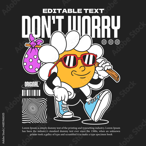 daisy flower groovy character 90s design illustration with slogan, retro cartoon character, flower cartoon