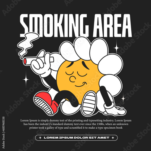 smoking area daisy flower groovy character 90s design illustration with slogan, retro cartoon