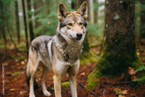 Close up of a wolf in the woods standing in front of a tree, yellow eyes, gray and brown fur