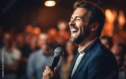 Lively comedy club with audience laughing at a stand-up performance photo