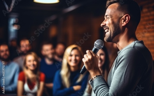Lively comedy club with audience laughing at a stand-up performance