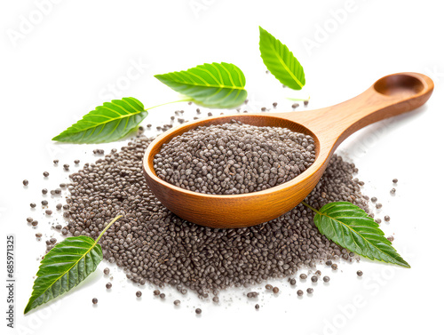 Black chia seeds in wooden spoon isolated on white background cutout.