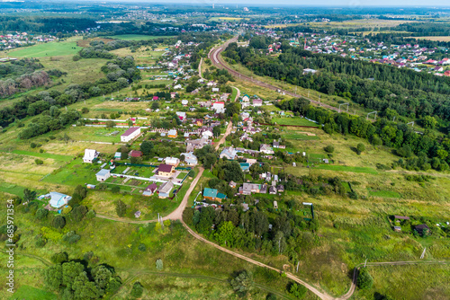 Aerial view of the village of Shemyakino located near the railway station of the same name, Maloyaroslavetsky district, Kaluga region, Russia
