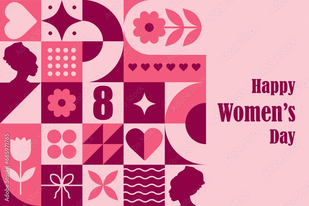 International womens day card. Abstract background for 8 march. Modern neo geometric pattern. Vector illustration in trendy bauhaus style. Template for postcards, invitations or web design. International womens day card. Abstract background for 8 march. Modern neo geometric pattern. Vector illustration in trendy bauhaus style. Template for postcards, invitations or web design.