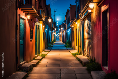 view of an empty alley at night