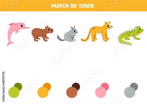 Match South American  and colors. Educational worksheet for kids. Cute cartoon dolphin, capybara, chinchilla, iguana and puma.