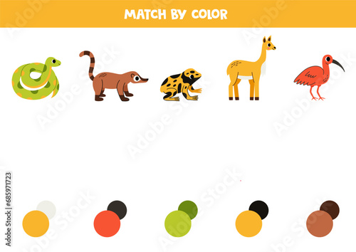 Match South American  and colors. Educational worksheet for kids. Cute cartoon anaconda, coati, yellow frog, vicuna and scarlet ibis.