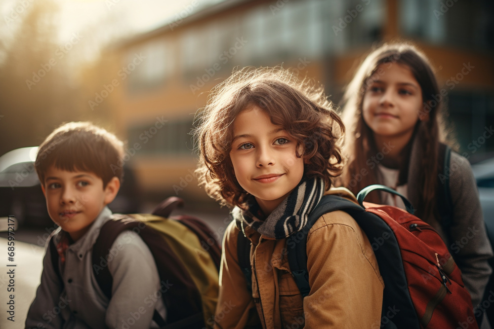 Group of multiethnic schoolchildren classmates sitting and waiting for get onto school bus Happy children ready to study. Back to school concept. Generative AI.