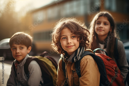 Group of multiethnic schoolchildren classmates sitting and waiting for get onto school bus Happy children ready to study. Back to school concept. Generative AI. photo
