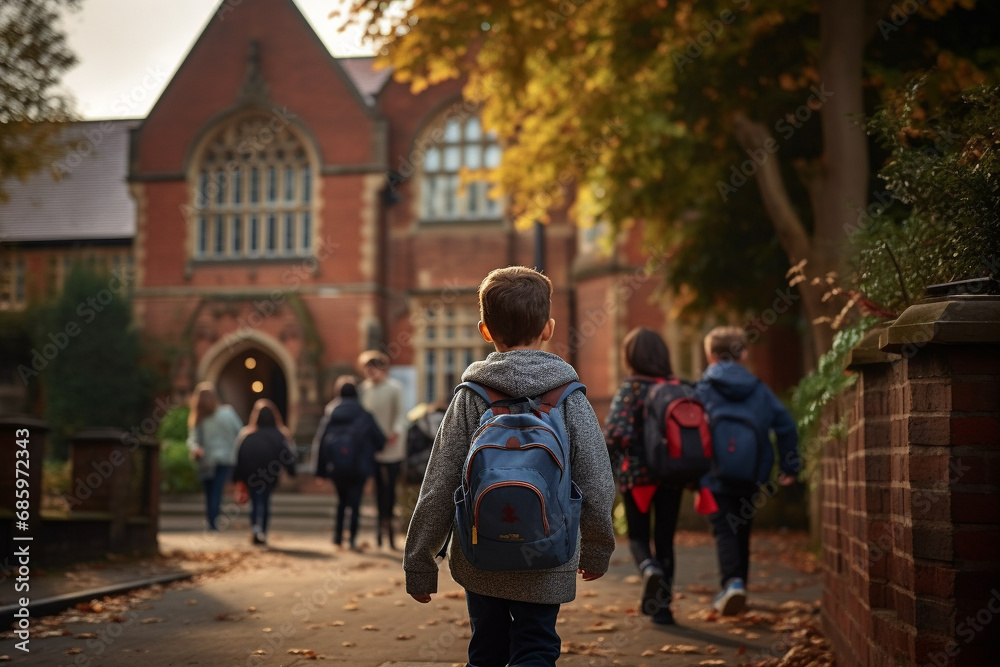 Back to school concept. Back view of group of international students with backpack go to school together. Generative AI.