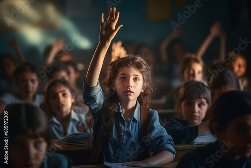 Primary schoolgirl raise hand to answer a question during class in the classroom. Back to school concept. Generative AI.