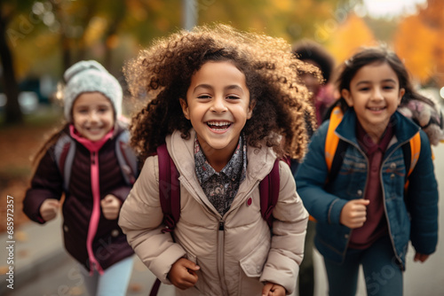 Back to school concept. Primary school children with backpack run to school with fun. Generative AI.