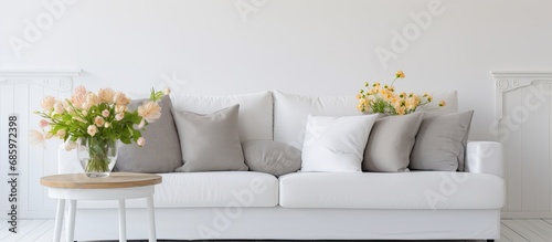Real photo of flowers on wooden table in a white flat interior with a grey couch and pillows.