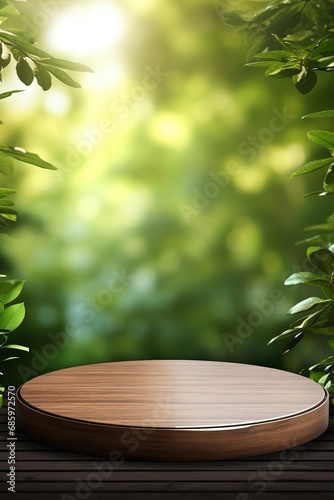 Wooden podium green bokeh background. wooden product display podium nature green graden