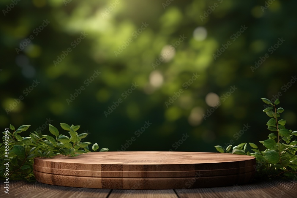 Wooden podium green bokeh background. wooden product display podium nature green graden